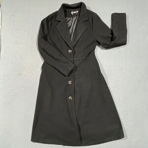 90s Babydoll Black Long‎ Trench Coat Jacket Womens Size Small Fleece Soft Peplum